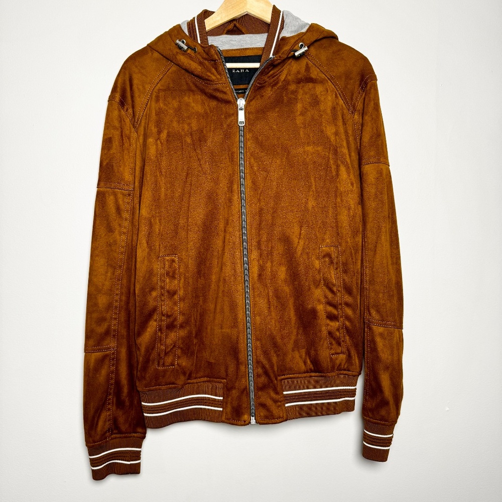Zara Men's Faux Suede Brown Varsity Bomber Jacket w Hoodie Sz Medium - Picture 3 of 11